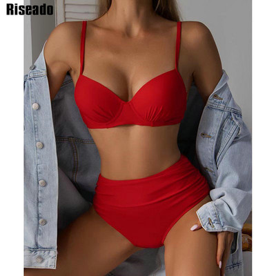 Riseado Sexy Push Up Bikini Set Дамски бански костюм с висока талия 2023 г. Нов бански костюм с рюшове Дамско плажно облекло Едноцветен бански костюм Biquinis