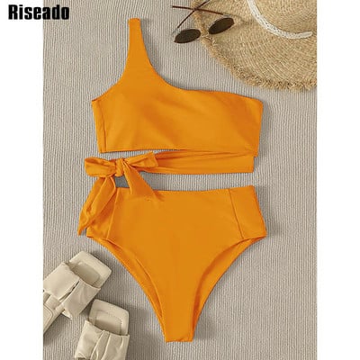 Riseado bikini na jedno rame 2023. Ženski ženski kupaći kostimi visokog struka Seksi izrezani kupaći kostimi Kupaći kostim sa čvorovima sa strane Jednobojni bikini