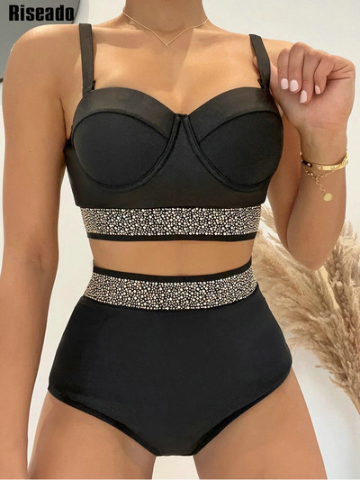 Riseado Push Up Bikini Woman 2023 Бански костюми с шипове с кристали и висока талия Секси бански костюм Дамски плътни бикини презрамки Бански костюм