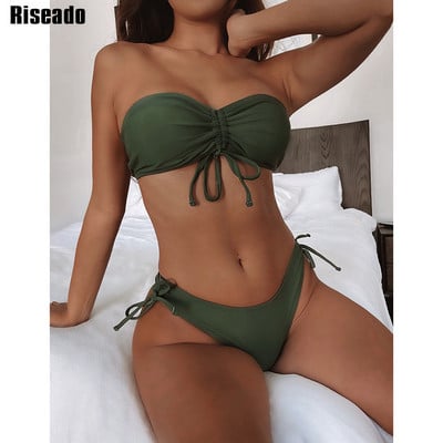 Riseado Bandeau Bikini Sexy Costum de baie verde Costum de baie pentru femei 2023 Costum de baie cu cordon Tanga Biquini brazilian pentru femeie