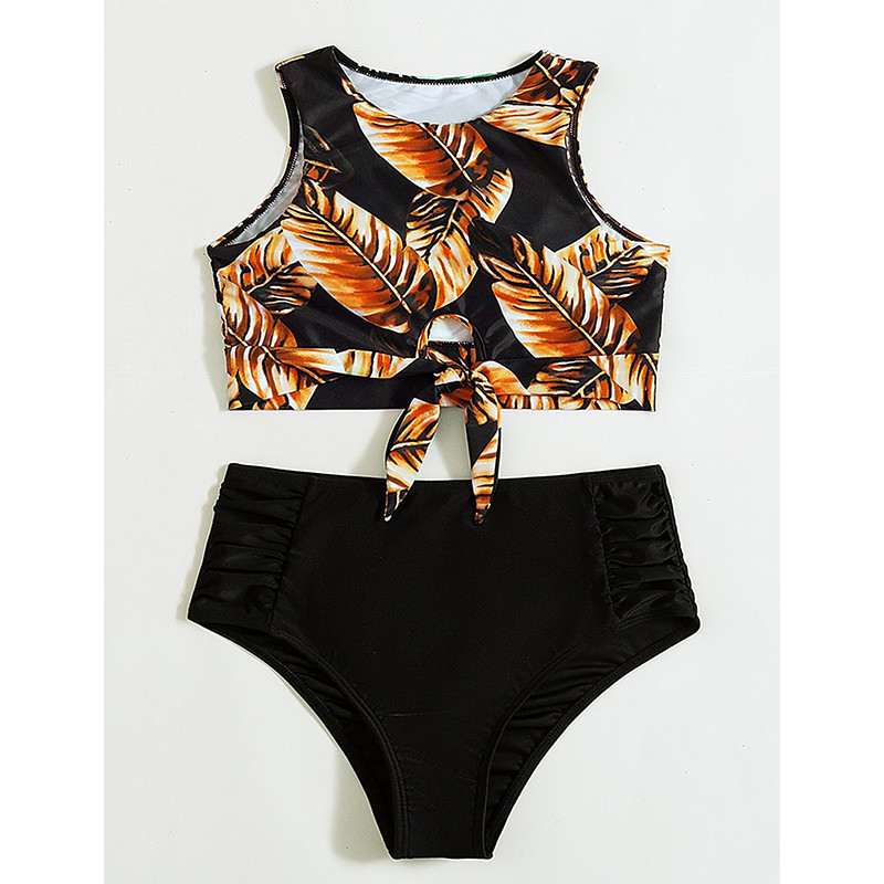 Riseado magas derekú bikini 2023 női levélmintás fürdőruha, magas nyakú női fürdőruha csomós elülső fürdőruha Ruched szexi biquini