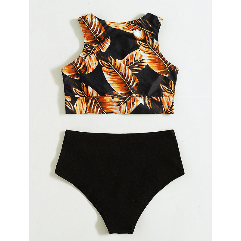 Riseado magas derekú bikini 2023 női levélmintás fürdőruha, magas nyakú női fürdőruha csomós elülső fürdőruha Ruched szexi biquini