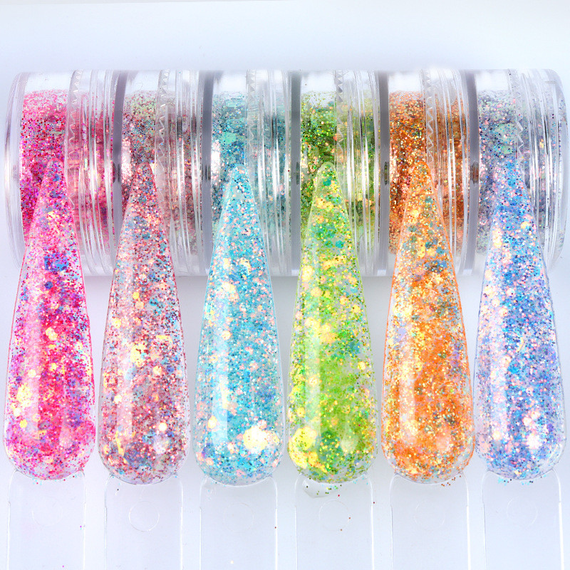 6 borcane Dimensiuni amestecate Hexagon Paiete Unghii Pulbere cu sclipici Fragmente de felie Decoratiuni pentru arta unghiilor sirena Paillette Materiale pentru manichiura