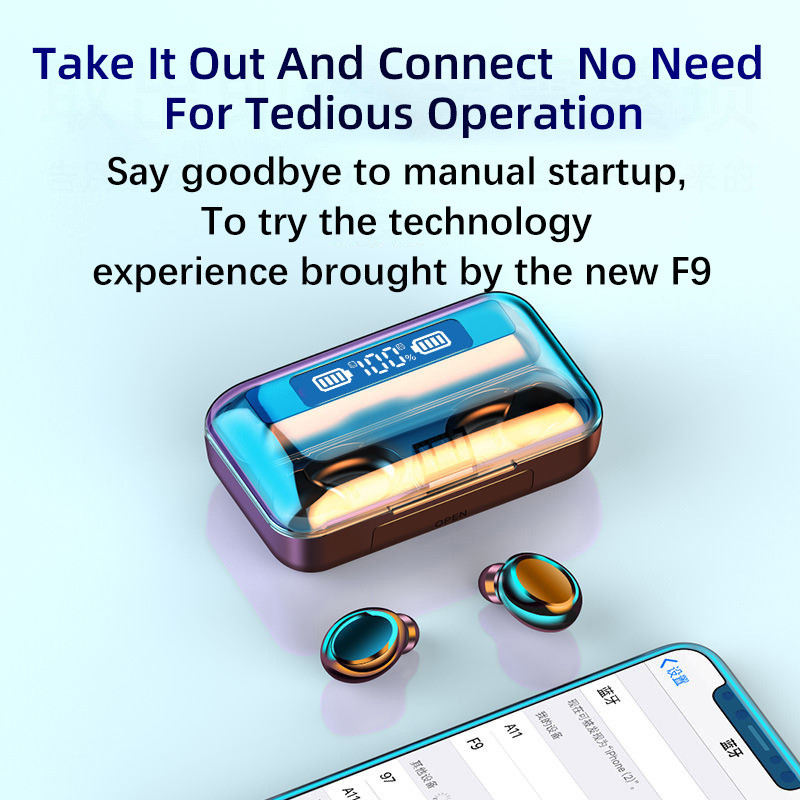 F9 TWS Безжични Bluetooth слушалки Стерео слушалки Сензорно управление Намаляване на шума Водоустойчиви слушалки Слушалки с микрофон