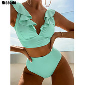 Riseado magas derekú bikini szett szexi fodros női fürdőruha 2023 új V-nyakú női fürdőruha, fűzős fürdőruha tömör biquini