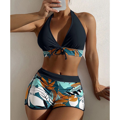 Riseado V formos kaklo bikinis, 2023 m. moteriškas maudymosi kostiumėlis su lapeliais, seksualus maudymosi kostiumėlis, moteriškas maudymosi kostiumėlis, kaklaraištis priekyje.