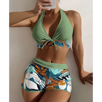 Riseado V formos kaklo bikinis, 2023 m. moteriškas maudymosi kostiumėlis su lapeliais, seksualus maudymosi kostiumėlis, moteriškas maudymosi kostiumėlis, kaklaraištis priekyje.