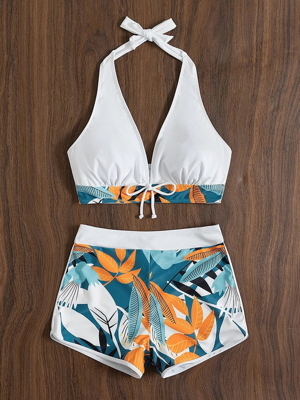 Riseado V formos kaklo bikinis, 2023 m. moteriškas maudymosi kostiumėlis su lapeliais, seksualus maudymosi kostiumėlis, moteriškas maudymosi kostiumėlis, kaklaraištis priekyje.