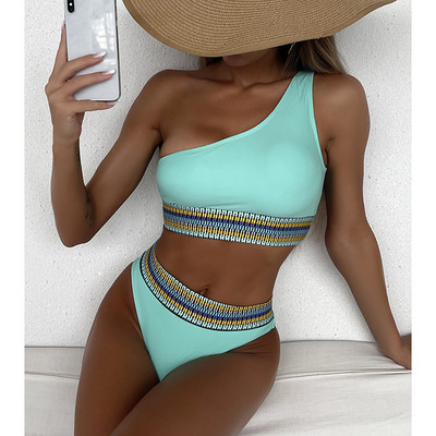 Riseado magas derekú bikini, egy vállú szexi női fürdőruhák, 2023, új, kontrasztos díszítésű fürdőruhák, tömör bikini női fürdőruhák