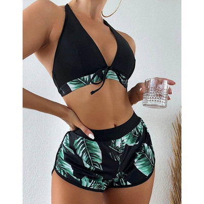 Riseado Leaf Print 3 részes bikini rövidnadrággal Szexi V-nyakú fürdőruha 2023 magas derekú fürdőruha női fürdőruha nyakkendő elöl biquini
