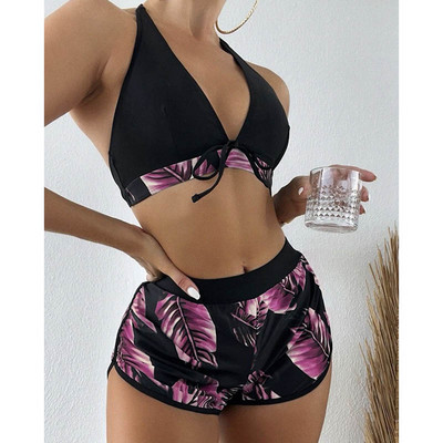 Riseado Leaf Print 3 részes bikini rövidnadrággal Szexi V-nyakú fürdőruha 2023 magas derekú fürdőruha női fürdőruha nyakkendő elöl biquini
