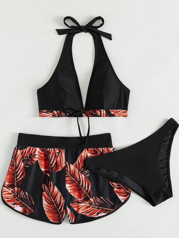 Riseado Leaf Print 3 részes bikini rövidnadrággal Szexi V-nyakú fürdőruha 2023 magas derekú fürdőruha női fürdőruha nyakkendő elöl biquini