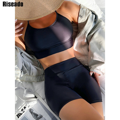 Riseado bikini ar augstu vidukli, 2023. gada sieviešu šorti, peldkostīmi, sieviešu peldkostīmi, divdaļīgi peldkostīmi vasaras bikini komplekts, peldkostīmi, melni