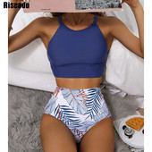 Riseado Bikini cu talie înaltă 2023 pentru femei, cu imprimeu cu frunze, costume de baie pentru femei, cu gât înalt, costum de baie tropical, biquini sexy, îmbrăcăminte de plajă