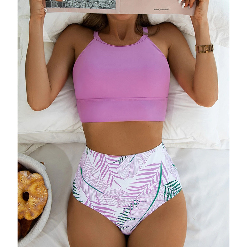 Riseado Bikini cu talie înaltă 2023 pentru femei, cu imprimeu cu frunze, costume de baie pentru femei, cu gât înalt, costum de baie tropical, biquini sexy, îmbrăcăminte de plajă