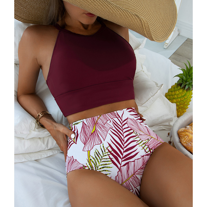 Riseado Bikini cu talie înaltă 2023 pentru femei, cu imprimeu cu frunze, costume de baie pentru femei, cu gât înalt, costum de baie tropical, biquini sexy, îmbrăcăminte de plajă