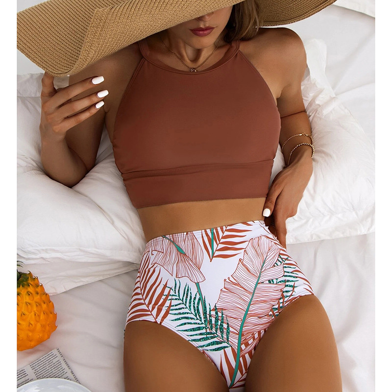Riseado Bikini cu talie înaltă 2023 pentru femei, cu imprimeu cu frunze, costume de baie pentru femei, cu gât înalt, costum de baie tropical, biquini sexy, îmbrăcăminte de plajă