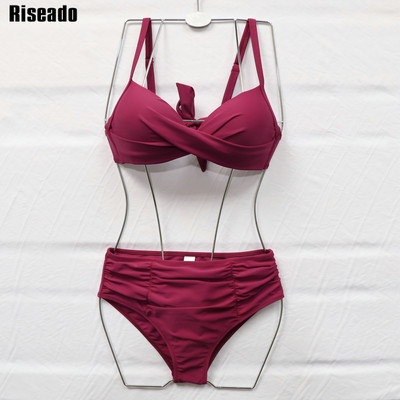 Riseado Push Up Sexy Bikini Wine Red Swimwear Moteriškas maudymosi kostiumėlis, 2023 m. „Ruched“ maudymosi kostiumėlis „Twisted Brazilian Biquini“ moteriškas paplūdimys