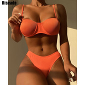 Riseado Push Up bikinik női fürdőruhák 2023 új szexi bordás fürdőruhák női magas kivágású bikini szett tömör fürdőruha strandruha