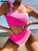 Bikini Riseado Colorblock 2023 Costum de baie pentru femei cu umăr cu cravată 2023 Costume de baie cu talie înaltă pentru femei Set de biquini cu bretele