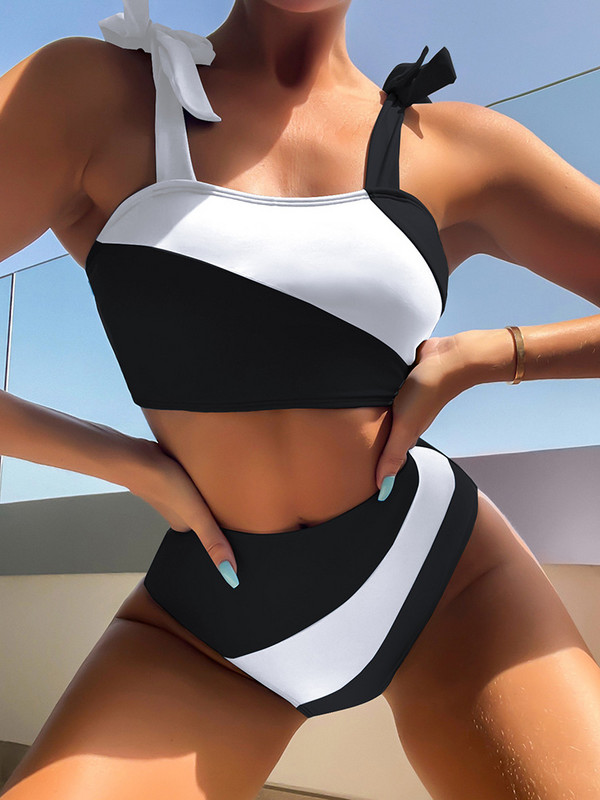 Bikini Riseado Colorblock 2023 Costum de baie pentru femei cu umăr cu cravată 2023 Costume de baie cu talie înaltă pentru femei Set de biquini cu bretele