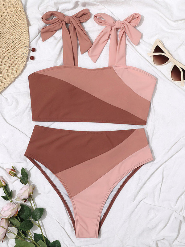 Bikini Riseado Colorblock 2023 Costum de baie pentru femei cu umăr cu cravată 2023 Costume de baie cu talie înaltă pentru femei Set de biquini cu bretele