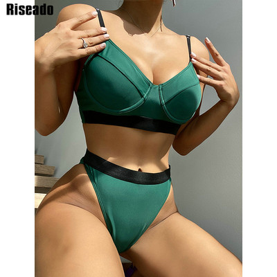 Riseado magas derekú bikini szett Push Up női fürdőruha Patchwork női fürdőruha, 2023-as nyakkendős fürdőruha, aláhúzott strandruházat