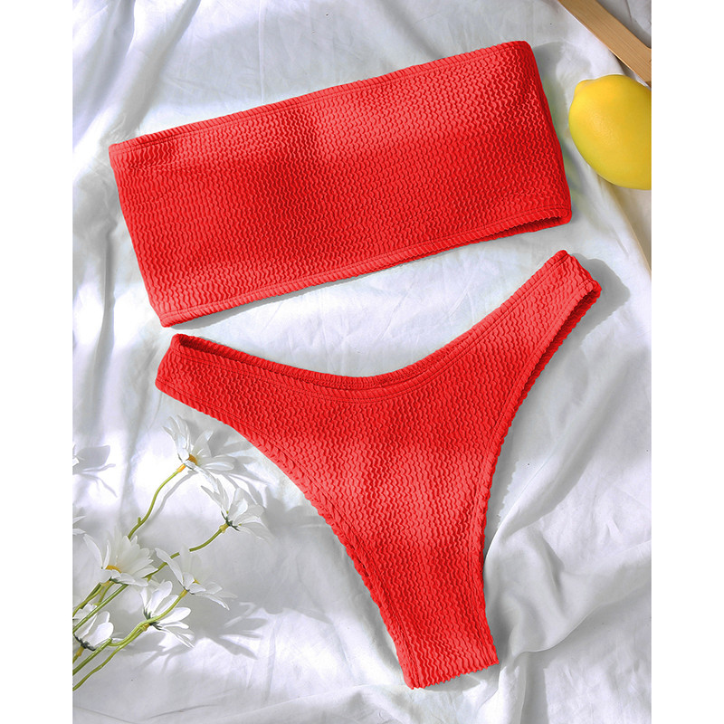 Dámske sexy bikiny Riseado, plavky Bandeau, dámske textúrované plavky s vysokým strihom, pevné brazílske bikiny, plážové oblečenie