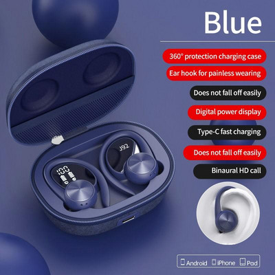TWS Sports Earbuds Bluetooth 5.0 Bass Touch Wireless Headphones Ear Hook Ακουστικό Ακύρωση θορύβου Αδιάβροχο ακουστικό με μικρόφωνο