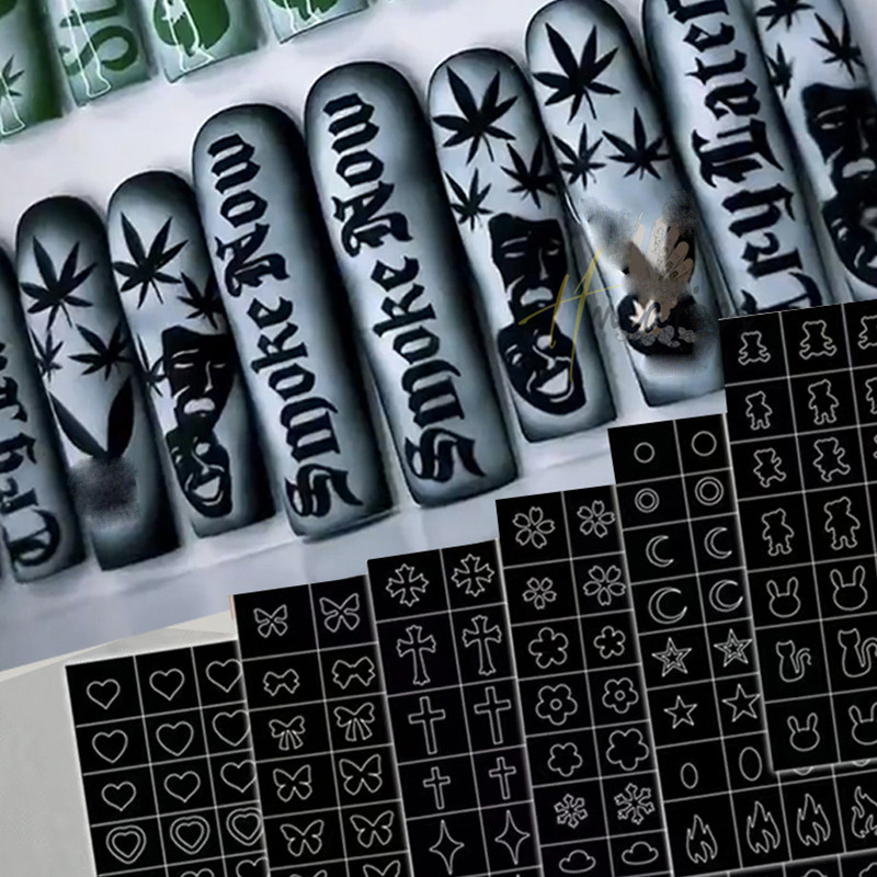 Nail Art Airbrush stencilek körmökhöz Szív Pillangó Medve Csillagok Üreges újrafelhasználható Körömtetováló Sablon Szalon Manikűr kellék