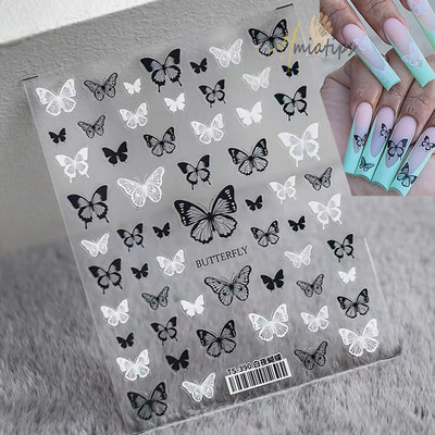 1 foaie de autocolante pentru unghii cu fluture, de înaltă calitate, în relief alb-negru, nou design artizanal, autocolante adezive, decorare pentru unghii
