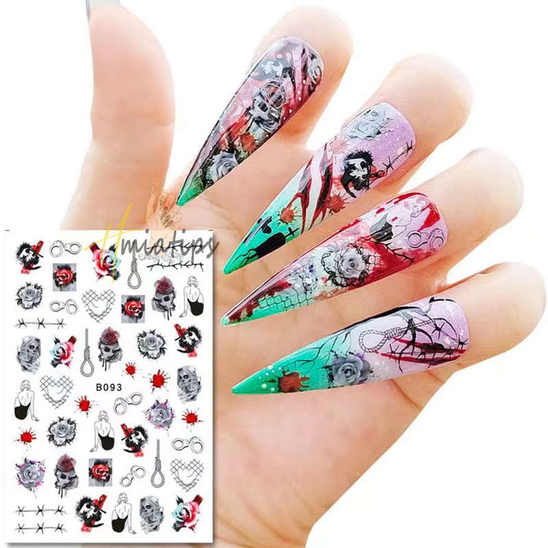12 DB 3D Halloween Körömmatricák Koponya Csont Tök Ragasztó Csúsztatók Csontok Vércseppek Koponya Design Ajkakhoz Matricák