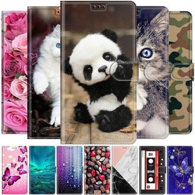 Луксозен кожен флип калъф за Motorola Moto g10 Power g20 g30 g9 Play E7 Plus Cat Panda Man Women Cute Protect Phone Capa D08G