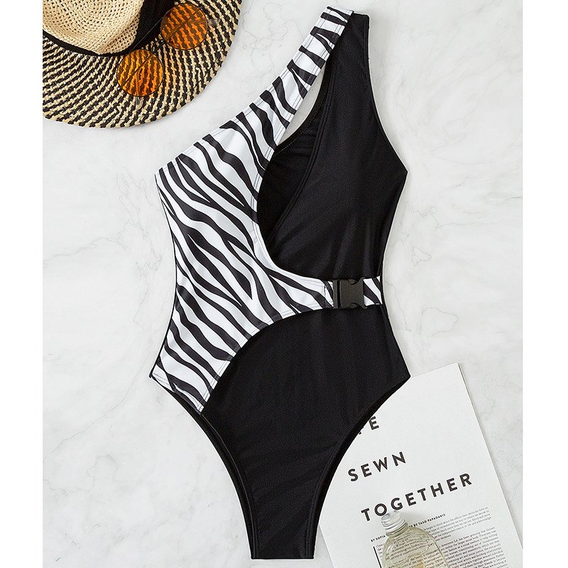 Riseado One Shoulder egyrészes fürdőruhák Zebra Stripe fürdőruha Kivágott fürdőruha nőknek Csattal összekapcsolt Monokini strandruha