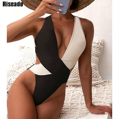 Riseado Colorblock Γυναικείο μαγιό One Piece Plunging μαγιό 2023 Νέα σέξι χιαστί πίσω μαγιό Cut Out Bodysuit Monokini