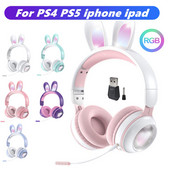 Urechi de iepure, lumini RGB, căști fără fir Bluetooth 5.0, căști pentru fete pentru copii, căști cu muzică stereo, cu microfon, cadou pentru jucători