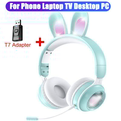 Urechi de iepure, lumini RGB, căști fără fir Bluetooth 5.0, căști pentru fete pentru copii, căști cu muzică stereo, cu microfon, cadou pentru jucători