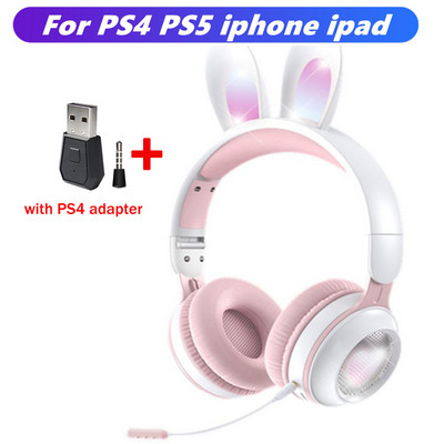 Urechi de iepure, lumini RGB, căști fără fir Bluetooth 5.0, căști pentru fete pentru copii, căști cu muzică stereo, cu microfon, cadou pentru jucători