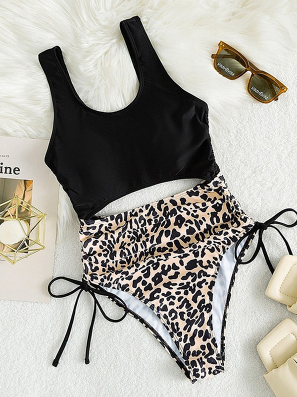 Riseado Leopard fürdőruha egyrészes szexi, kivágott női fürdőruha, 2023 patchwork fürdőruha, húzózsinóros body, nyakkendő oldalsó monokini