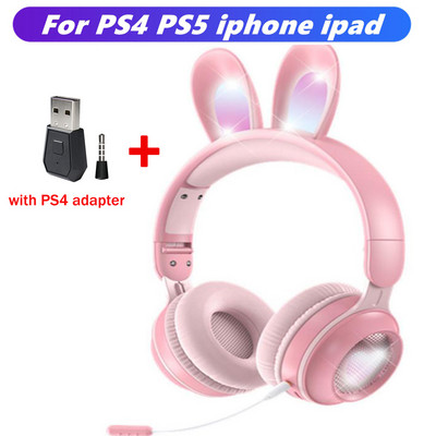 Ασύρματα ακουστικά Rabbit Ear Bluetooth 5.0 Ακουστικά για κορίτσια Παιδικά στερεοφωνικά ακουστικά μουσικής με Mic RGB Lights Δώρα γενεθλίων για παίκτες