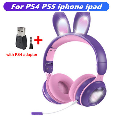 Ασύρματα ακουστικά Rabbit Ear Bluetooth 5.0 Ακουστικά για κορίτσια Παιδικά στερεοφωνικά ακουστικά μουσικής με Mic RGB Lights Δώρα γενεθλίων για παίκτες