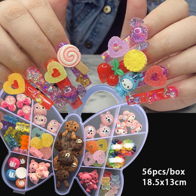 Set de 100 de bucăți Kawaii pentru unghii, accesorii de desene animate roz drăguț, stras pentru arta unghiilor, pentru decorațiuni, apăsați pe unghii