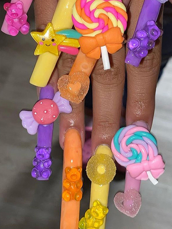 Set de 100 de bucăți Kawaii pentru unghii, accesorii de desene animate roz drăguț, stras pentru arta unghiilor, pentru decorațiuni, apăsați pe unghii