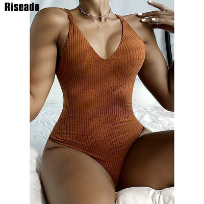 Costum de baie Riseado Sexy cu decolteu în V Costum de baie cu nervuri pentru femei 2023 Costum de baie solid pentru femei Costum de baie Crisscross Monokini