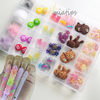 Brelocuri 3D pentru unghii Set de bomboane ursuleț drăguț Accesorii Kawaii din rășină Sfaturi acrilice pentru arta unghiilor Strasuri cu sclipici Decorarea unghiilor