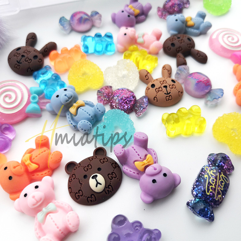 Brelocuri 3D pentru unghii Set de bomboane ursuleț drăguț Accesorii Kawaii din rășină Sfaturi acrilice pentru arta unghiilor Strasuri cu sclipici Decorarea unghiilor