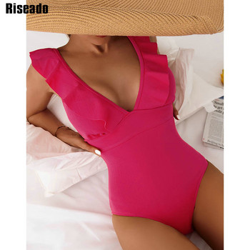 Riseado Ribbed One Piece Μαγιό Ruffle Γυναικεία 2023 Σέξι Μονόκινι με λαιμόκοψη V-λαιμόκοψη Μαγιό με κορδόνια Γυναικεία κοστούμια