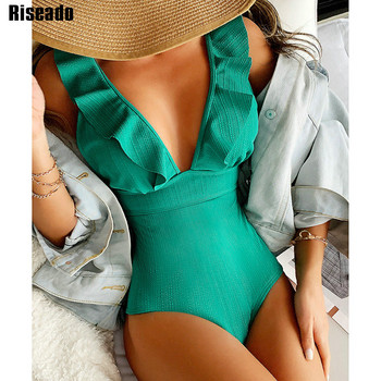 Riseado Ribbed One Piece Μαγιό Ruffle Γυναικεία 2023 Σέξι Μονόκινι με λαιμόκοψη V-λαιμόκοψη Μαγιό με κορδόνια Γυναικεία κοστούμια