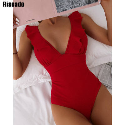 Riseado rebrasti jednodijelni kupaći kostimi Ženski kupaći kostimi s volanima 2023. Seksi jednobojni monokini s V izrezom Jednobojni kupaći kostimi na čipku Ženski kupaći kostimi
