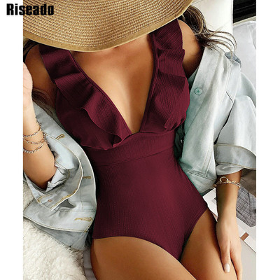 Riseado rebrasti jednodijelni kupaći kostimi Ženski kupaći kostimi s volanima 2023. Seksi jednobojni monokini s V izrezom Jednobojni kupaći kostimi na čipku Ženski kupaći kostimi